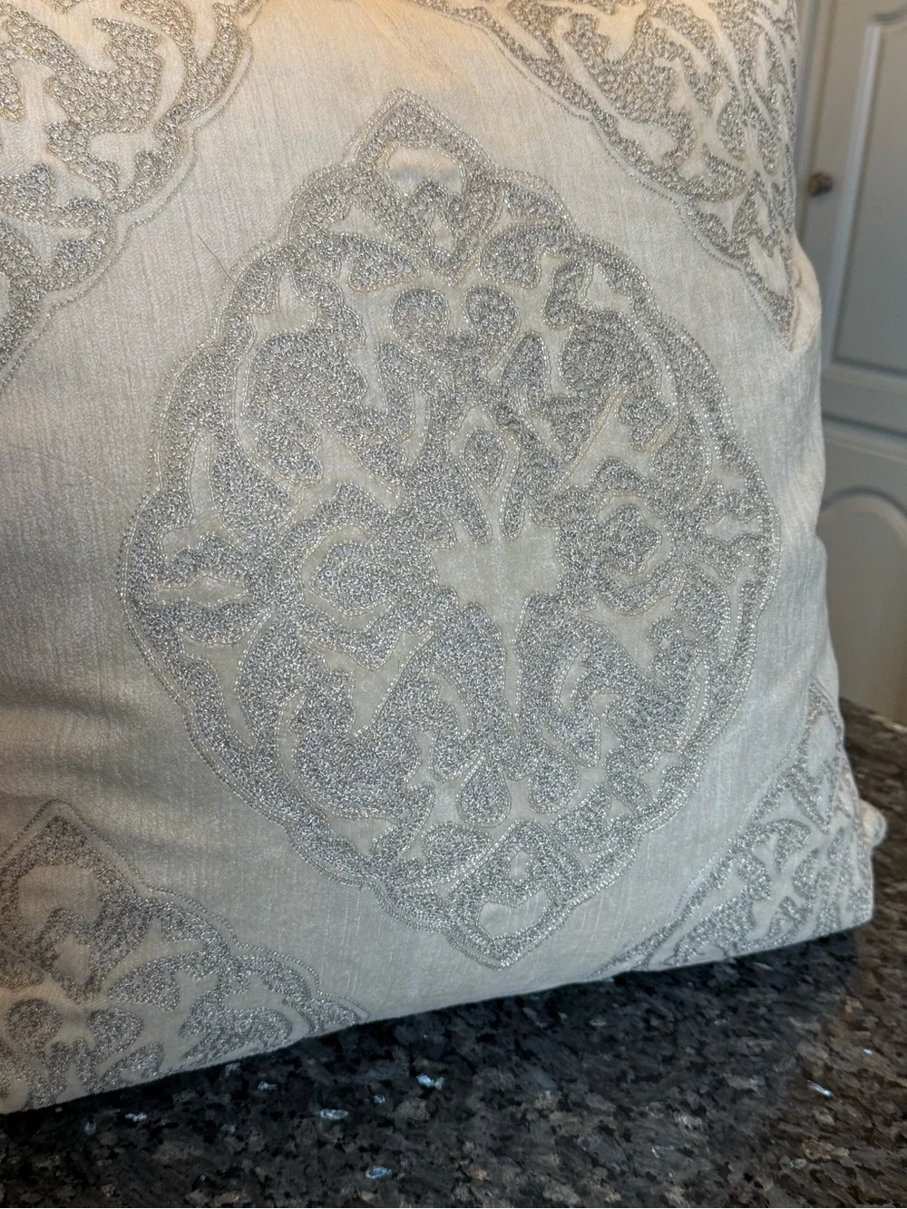 Z Gallerie silver and cream beaded damask accent pillow 22x22”